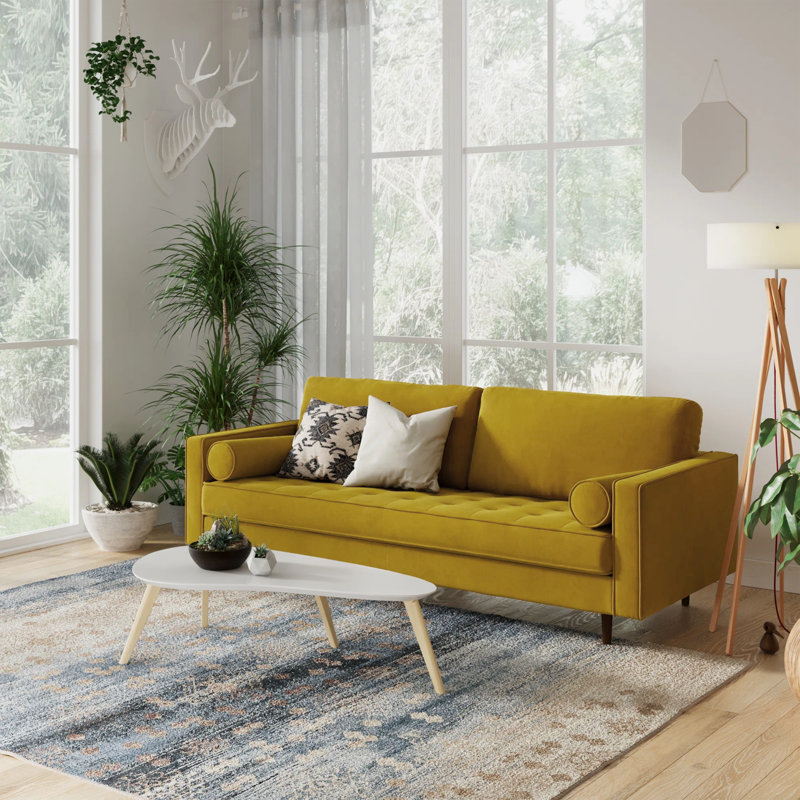 Geo 84" Upholstered Sofa, Bella Gold Performance Velvet