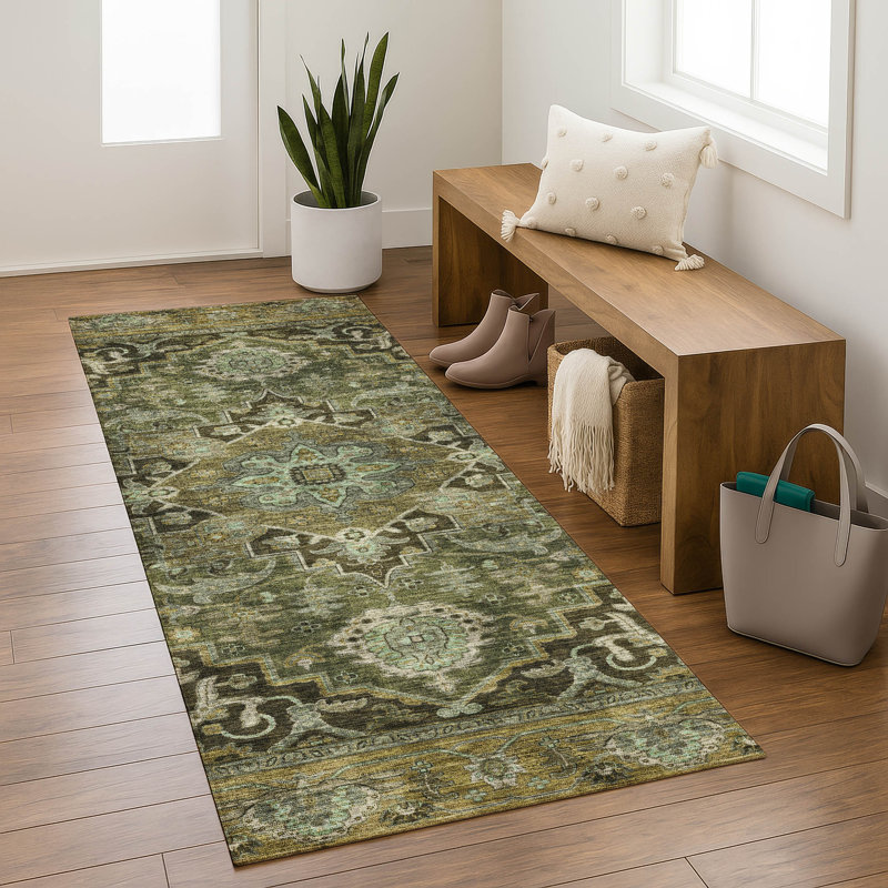 Premium Machine Washable Mayfield  global Rug, 2'3" x 7'6" Runner, Olive
