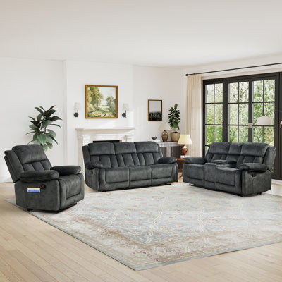 3-Piece Modern Soft Microfiber Manual Recline Living Room Set With Recliner & Loveseat With Console & Sofa