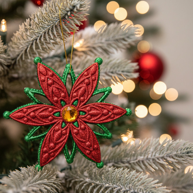 Poinsettias décoratifs rouges et verts pailletés avec pierres précieuses - Paquet de 12