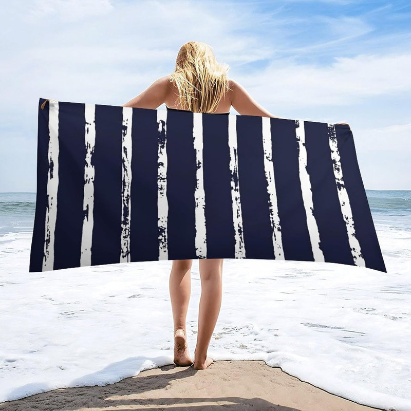 Navy Blue and White Striped Large Beach Towel 50"x60", Oversized Sand Free Absorbent Bath Towels for Adults for Pool Travel Camping Picnic