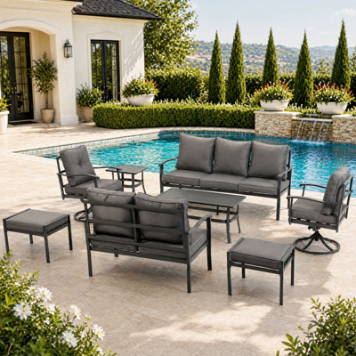 Patio Furniture Set, 8 Pieces Outdoor Patio Furniture Sets,Outdoor Metal Conversation Set Sofas with 1 three-seater sofa,1 loveseat Sofa,2 Swivel Chairs,2 footstools,1 Side Table,with Cushion