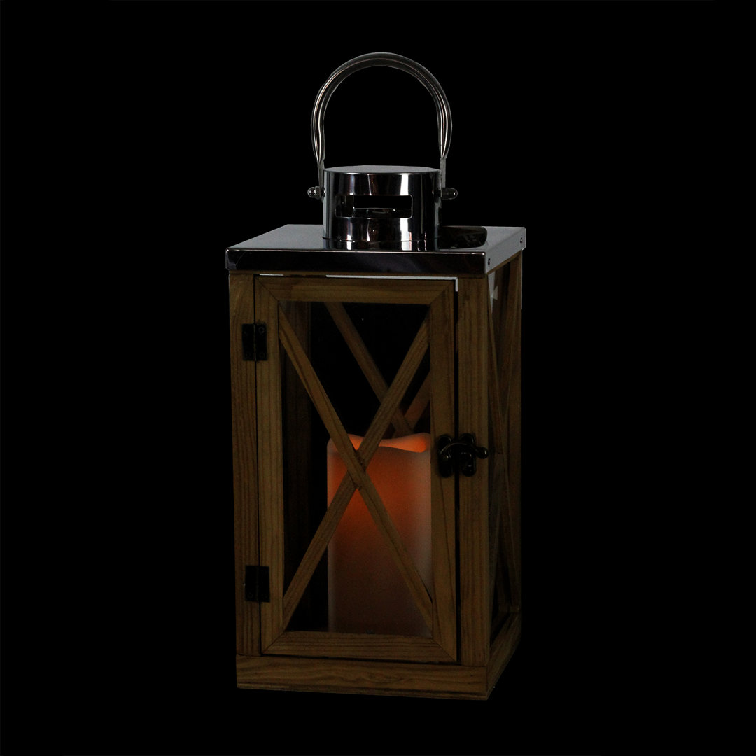 13.5" Rustic Wood and Stainless Steel Lantern with LED Flameless Pillar Candle with Timer Northlight Seasonal