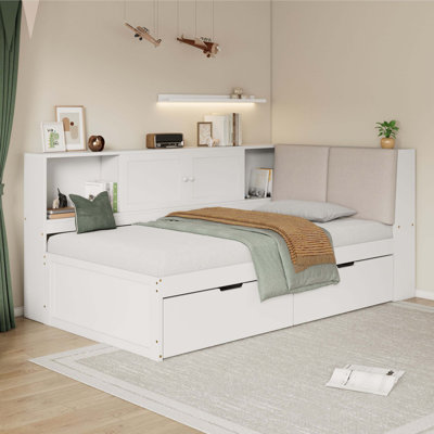 Lit de jour simple en L en bois avec tiroirs sous le lit, bibliothèque de rangement, tête de lit tapissier et ports de chargement USB pour petits espaces, blanc