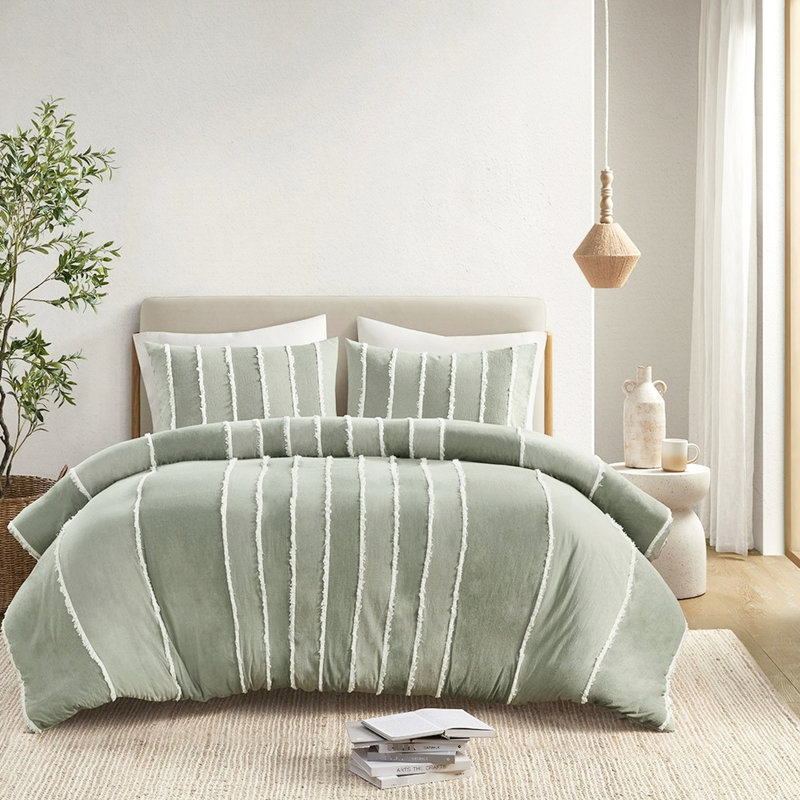 Housse de couette 100% coton double / grand - rayée avec accents blancs 3 pièces alternant rayures et garnitures