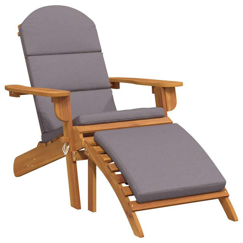 vidaXL Adirondack Garden Chair with Footrest, Foldable, Solid Acacia Wood, Brown and Grey Cushion, Weather-Resistant Outdoor Lounge Seating for Patio, Balcony, Deck