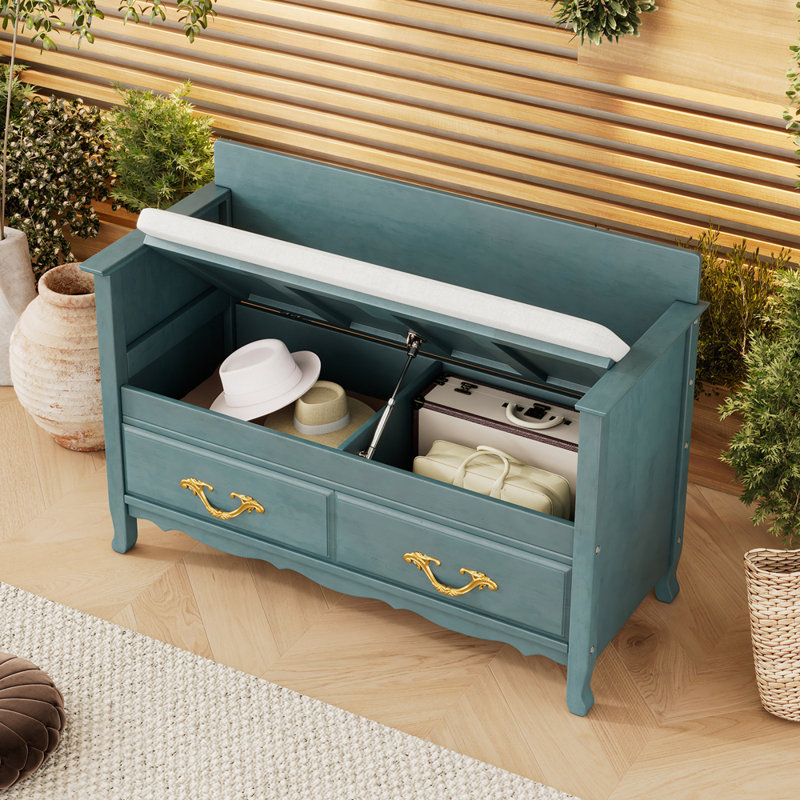 Upholstered Flip Top Storage Bench, Antique Turquoise
