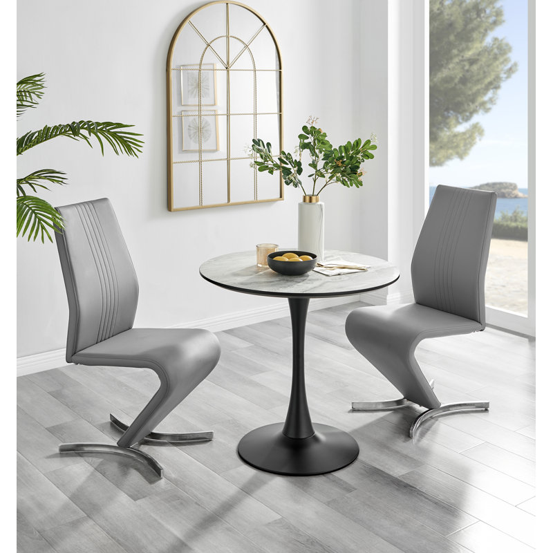 Elina White Marble Effect Melamine Round 80cm Dining Table And 2 Faux Leather Dining Chairs, Gray