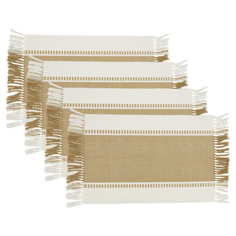 Beige and Tan Cotton Tassel Trimmed Placemats, Set of 4