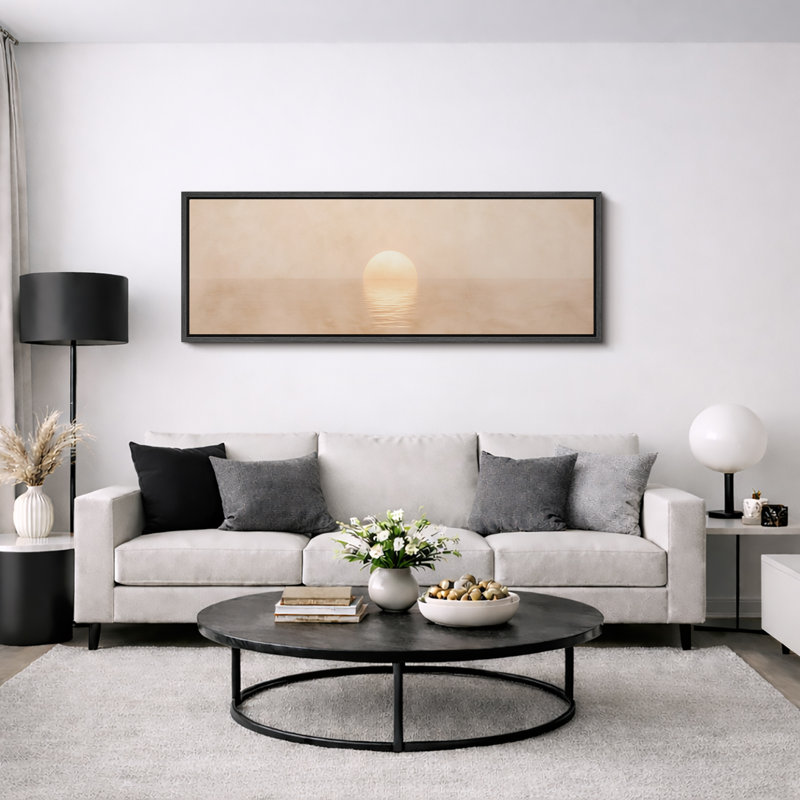 Minimalist Sunset Over Calm Sea Landscape Wall Decor Extra Large Pictures Framed Canvas Print Wall Art, Black, 20" H x 60" W