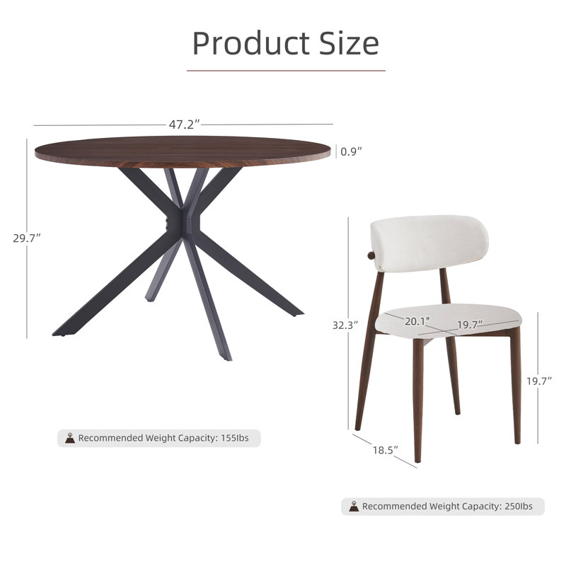 Cann 47.2" Wooden Round Dining Table And 4 White Upholstery Dining Chair For Modern Kitchens, Dining Room, Living Room