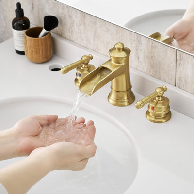 Robinet de lavabo de salle de bain doré brossé, entraxe de 20 cm (8 po), 3 trous avec bonde clic-clac, poignée à double levier, cartouche en céramique, montage latéral, robinet de plage, mitigeur de lavabo doré, installation facile