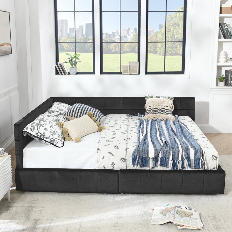  Queen Upholstered Storage Sofa Bed Frame with Backrest and Armrests, Velvet Platform Bed, Black, Black