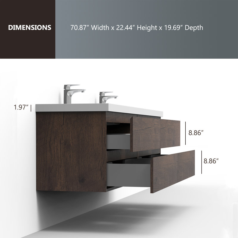 Angela 72 inch Fully Assembled Double Floating Bathroom Vanity with Solid Surface Sink, Rose Wood