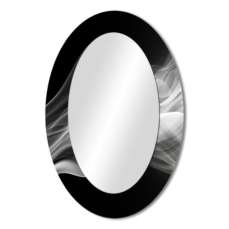 Black White Contemplative Abstraction II - Large Oval Wall Mirror On Metal, 36" x 24"