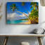 Toile, "Tranquil Tropical Beach Scene mettant en vedette de grands palmiers oscillants", art mural sur toile vert-919552949