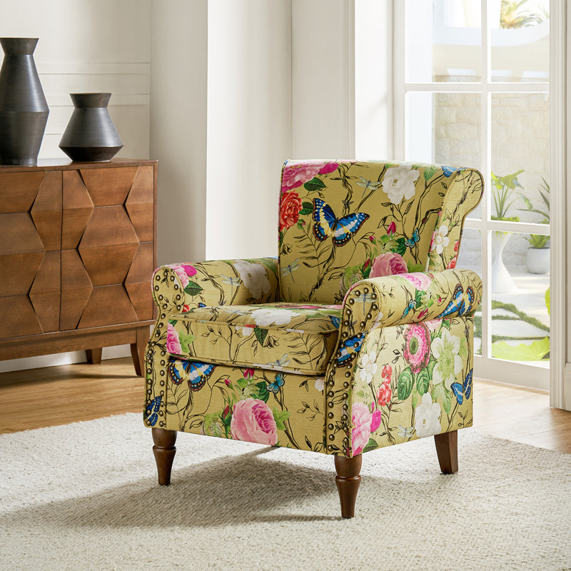 Araceli Floral Wooden Upholstered Accent Chair with Nailhead Trim, Mustard