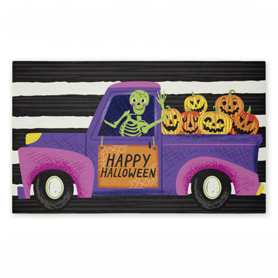 Happy Halloween Skeleton Driver Printed Outdoor Door Mat, design by Arrolynn Weiderhold, 18"x30"