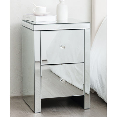 Large 2 Drawer Mirrored Bedside Table with Crystal Handles