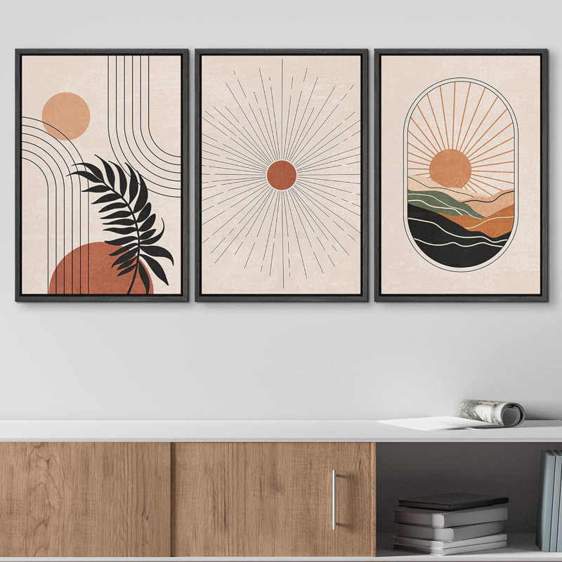 «Boho Mid-Century Vintage Tropical Leaf & Sun Star Abstract Abstract Modern Bohemian Decor», 3 pièces, Noir, noir, noir, noir