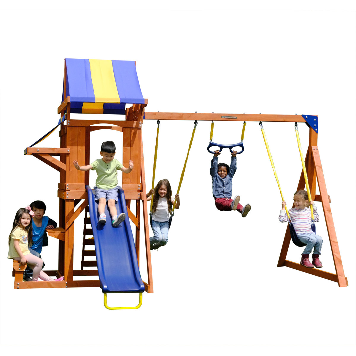 Sportspower North Peak Wooden Swing Set With 6ft Slide, Swings & Rock Climber - Heavy Duty Fir Construction