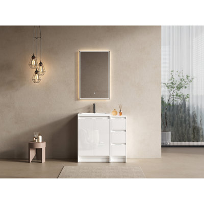 Title 36" Freestanding Bathroom Vanity With Resin Sink, 1 Cabinet, Soft Closing Mechanism, Glossy White Appearance, Plywood Build, Modern Style Vanity, Adjustable Storage, Silent Doors, Water- Design