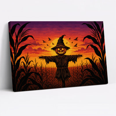 Épouvantail citrouille dans un champ de maïs au coucher du soleil - Toile murale d'Halloween