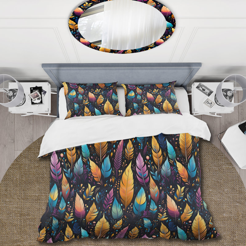 Tribal Dreamscape Feather Boho Motif III - Ensemble de housse de couette Boho - Microfibre de polyester