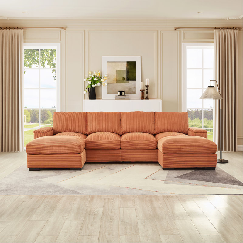 Canapé modulaire à assise profonde avec repose-pieds, Velours côtelé orange