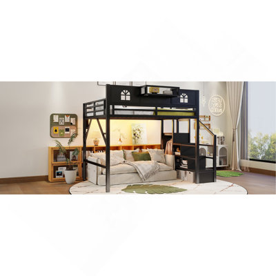 Lit mezzanine double avec escalier, lit mezzanine double en métal avec barrières de sécurité hautes et en forme de maison, lit mezzanine haut avec garde-robe pour les enfants adolescents