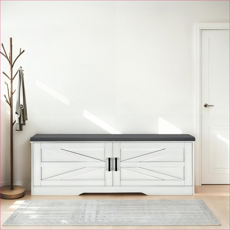 FlowLuxe 2-Tier Farmhouse Storage Shoe Bench, Padded Seat with Barn Doors, Adjustable Shelves, Pearl White for Entryway Bedroom Living Room