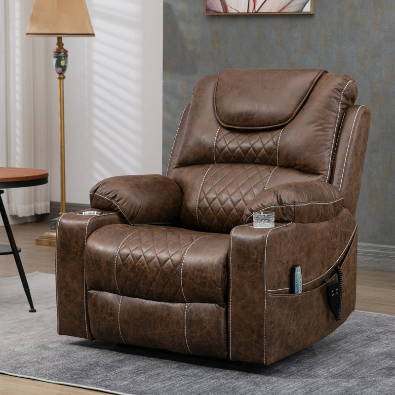 Palmera 38"W Dual Electric Power Lift Recliner Chair with Massage and Heat, 180 degrees, Brown Faux Leather