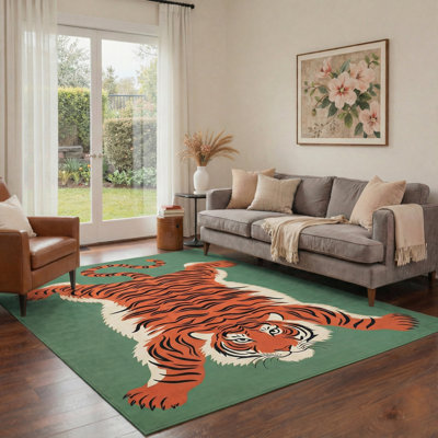 Tapis vert / orange lavable à la machine avec envers antidérapant Kai Emerald Jungle Tiger
