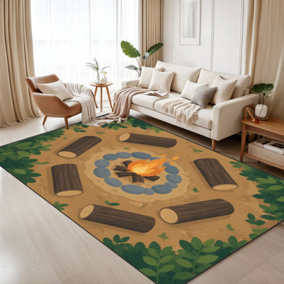 Tapis lavable 180 x 270 cm, motif feu de camp entouré de bûches, à poils courts et dos antidérapant en TPE, décor de rochers et de forêt, doux et confortable pour salon, chambre, salle à manger et bureau.