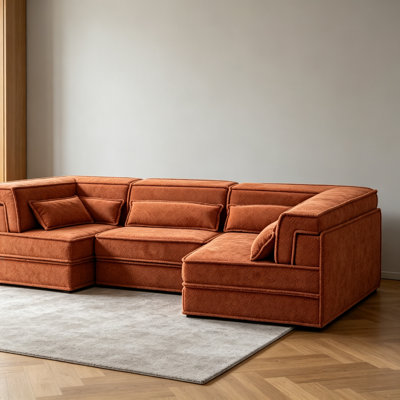Compression Mahjong Sofa,Convertible Floor Sofa Bed,DIY Boneless Modular Sectional Sofa,No Assembly Required,Circle Fleece Fabric,Oversized 4 Seater With 4 Pillows,Orange