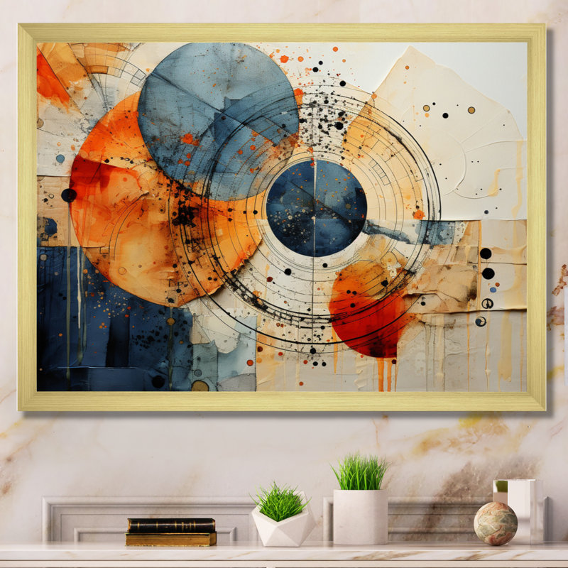 Technique mixte - Spirales abstraites, art mural, Cadre doré simple, H 24 po x l 32 po x P 1 po