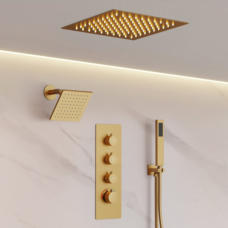 Système de pomme de douche thermostatique double, robinet de pluie à DEL 12 po avec pomme de douche à fixation au plafond et douchette de 6 po