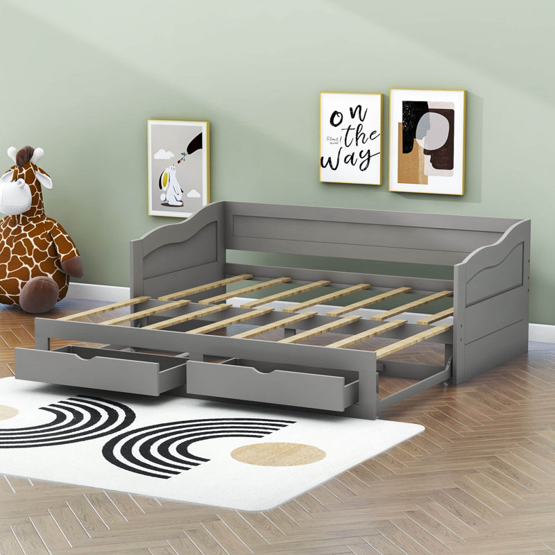 Twin Size 2 Drawers Daybed with Trundle, Gray