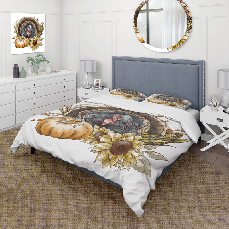 Thanksgiving Vintage Turkey Sunflowers and Pumpkin - Farmhouse Polyester Duvet Cover Set, King Duvet Cover + 2 King Shams