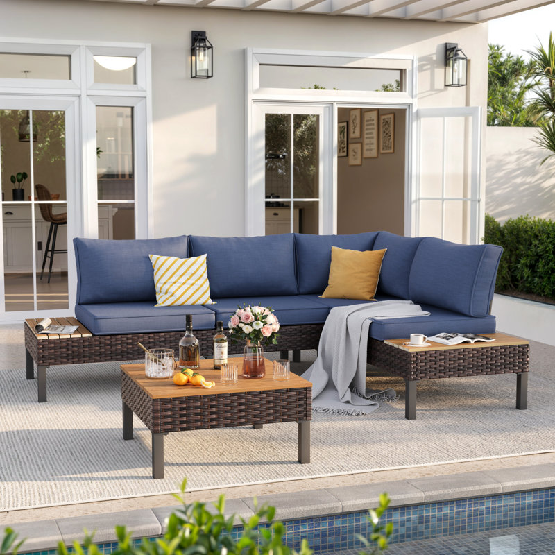  Outdoor 4-Person L-Shaped Metal Seating Group With Cushions, Blue