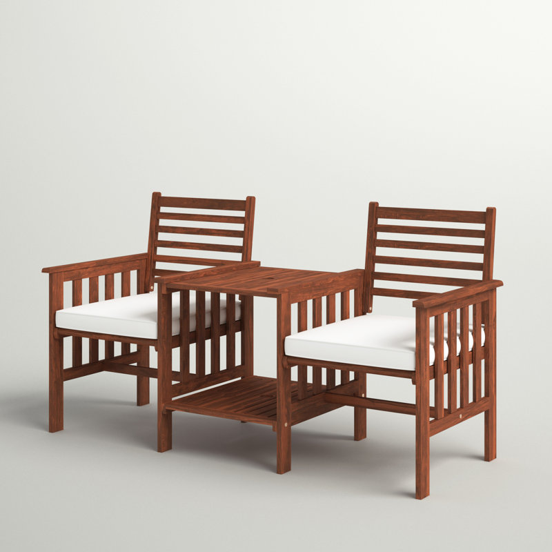 Ensemble de conversation de patio pour 2 personnes en bois d'acacia avec coussins, Blanc