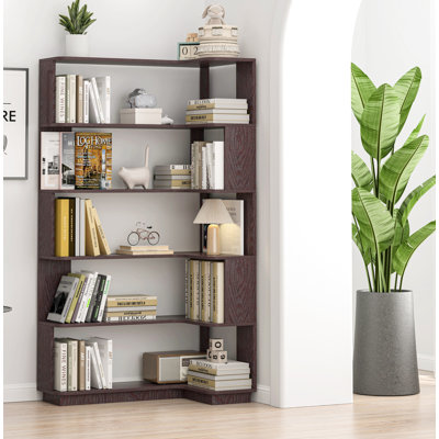 Bibliothèque de coin autoportante de 90 cm (35,43 po) pour le salon, la chambre à coucher, le bureau personnel, la bibliothèque en bois avec panneau anti-chute et dispositif anti-basculement, vitrine de rangement ouverte 5 couleurs