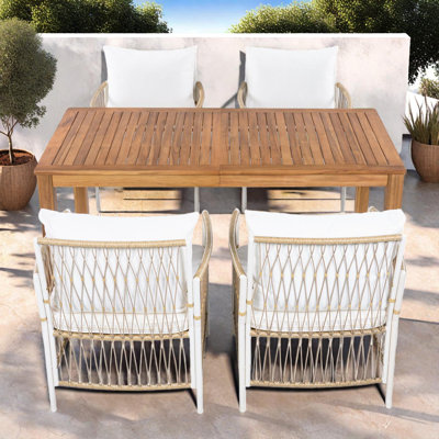 Ensemble de table de salle à manger 5 pièces en bois avec chaises en rotin pour l'extérieur