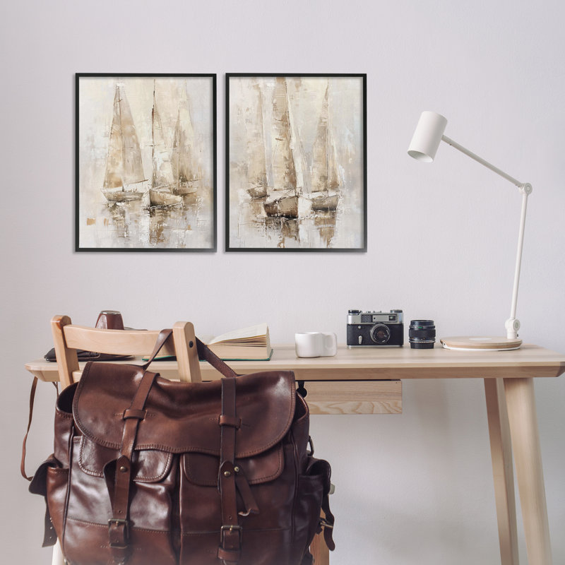  Ensemble de 2 giclées sur voiliers neutres par Nina Blue, H 20 po x l 16 po, Giclée encadrée noir minuit