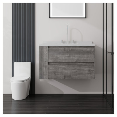Meuble-lavabo flottant de 36 pouces avec lavabo, tiroir à fermeture en douceur, plateau et dosseret en marbre de culture blanc de Carrare