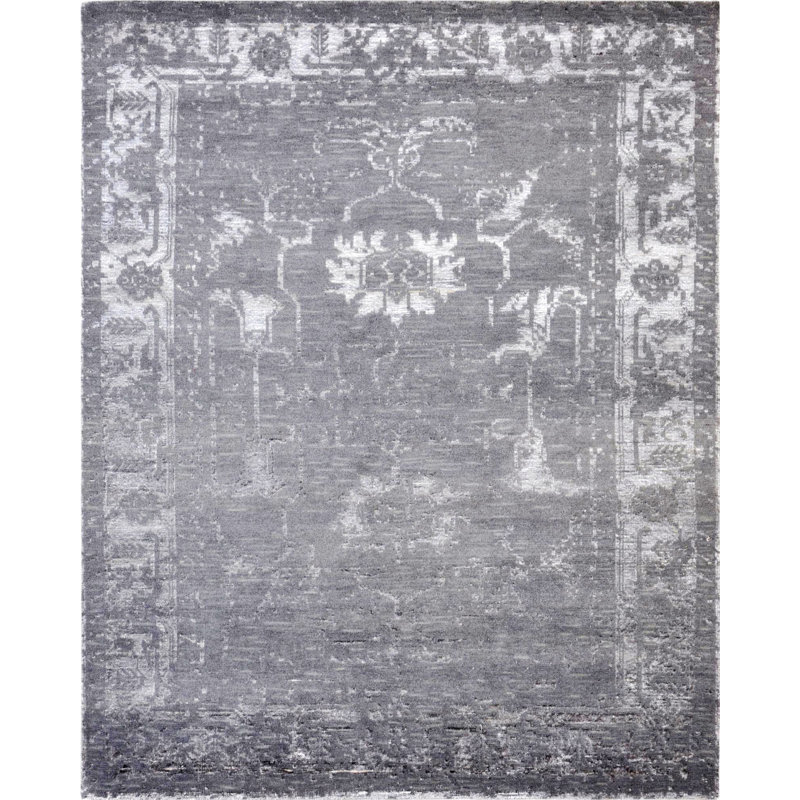 Oriental Hand-Knotted Wool/Silk Gray/White Area Rug, Rectangle 5' x 8'