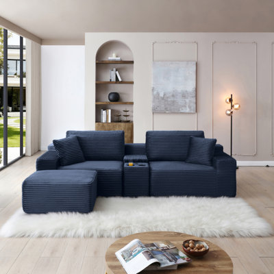 Canapé modulaire modulaire, canapé en nuage de velours côtelé à siège profond avec porte-gobelets, ports USB et boîte de rangement, canapé-lit, canapé sans dossier avec repose-pieds mobile pour le salon, aucun assemblage requis, bleu