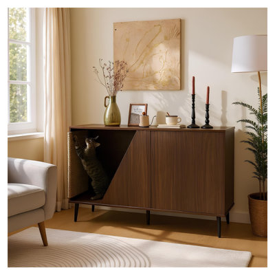 Enceinte pour litière 2 en 1 noyer moderne - table d'appoint avec porte à ressort et griffoir pour chat en sisal