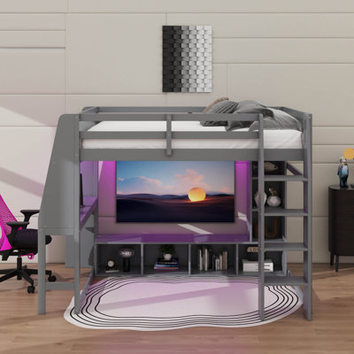 Lit mezzanine en bois pleine grandeur avec bureau, DEL et portemanteau suspendu