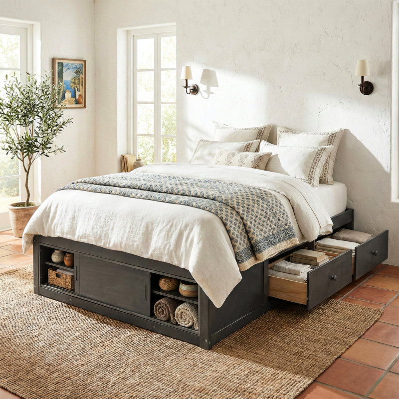 Queen Size Bed With Built-In Storage, Modern Style, And Pinewood, Space-Conscious Bedroom Solution Frame, , Space, Material, Suitable For Small Apartment Bedrooms